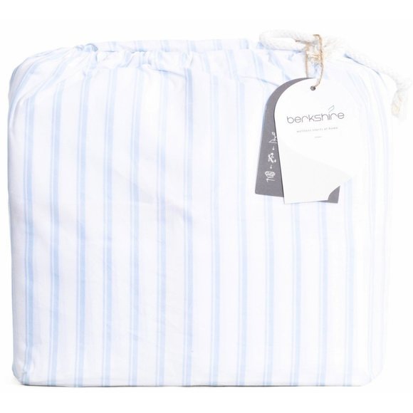 Organic Cotton Berkshire Sheet Set King Blue Elmwood Ticking Stripe Eco Friendly - Picture 2 of 7